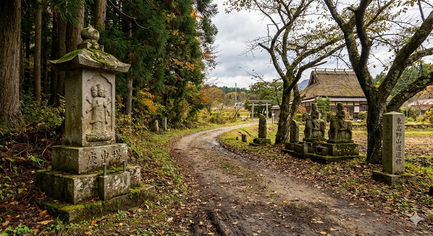stèles Kōshin, des statues de Batō Kannon et des bornes